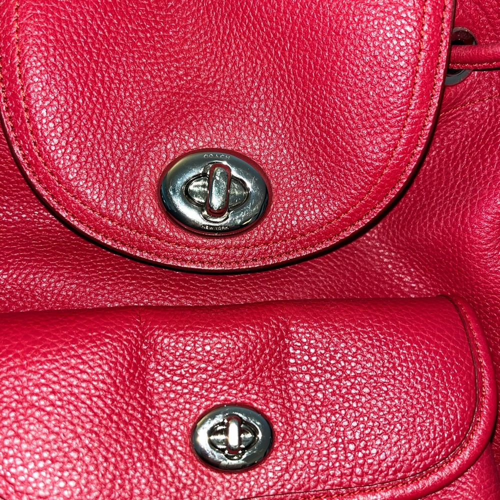 Red Leather Pebble Mini Coach Drawstring Backpack - Picture 6 of 7